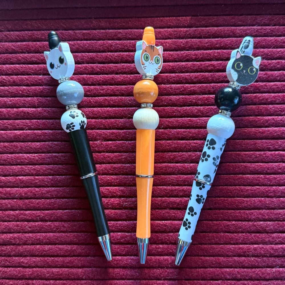 Handcrafted set of 3 cat beaded pens